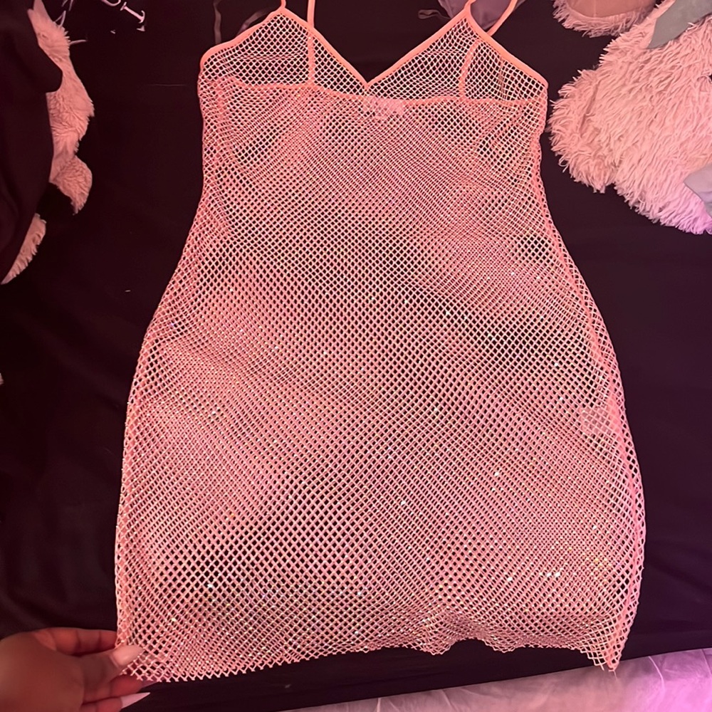 Pink net dress with iridescent multi colored diamonds